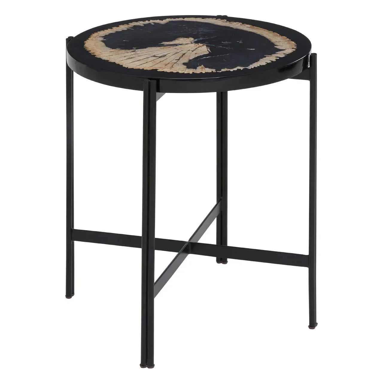 Round black side table with petrified wood top and slim metal legs
