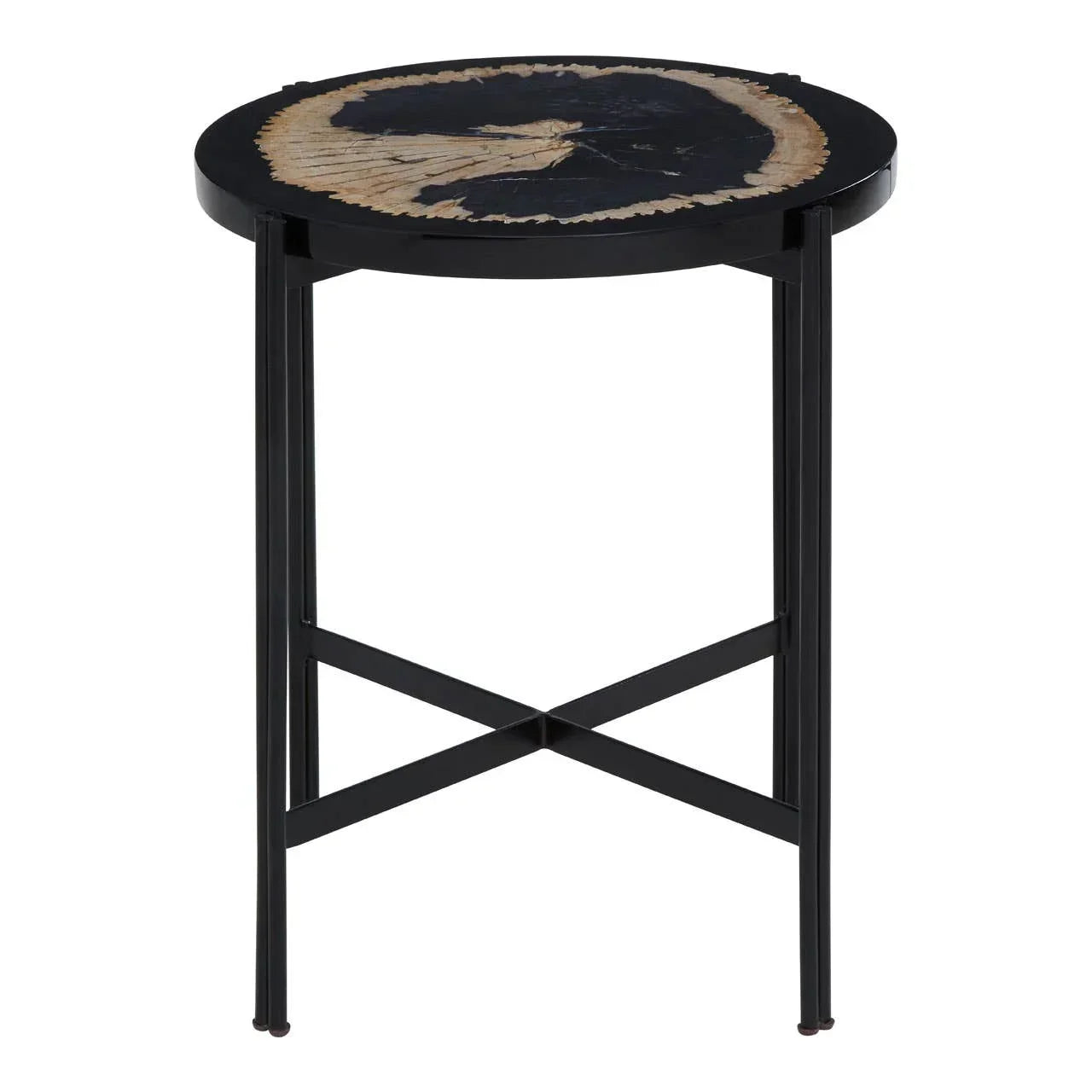 Black round side table with natural petrified wood top and metal crossed legs