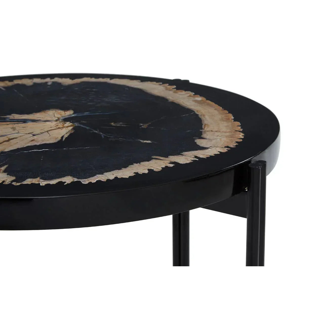 Round black petrified wood coffee table with metal legs, close-up of tabletop pattern