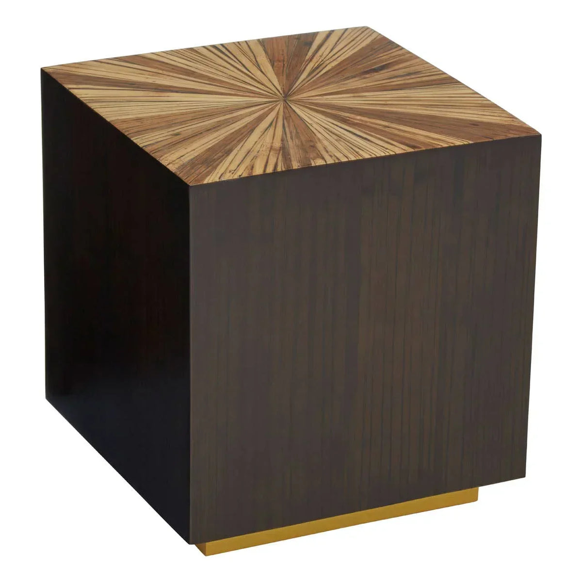 Square wooden side table with starburst pattern top and dark wood finish
