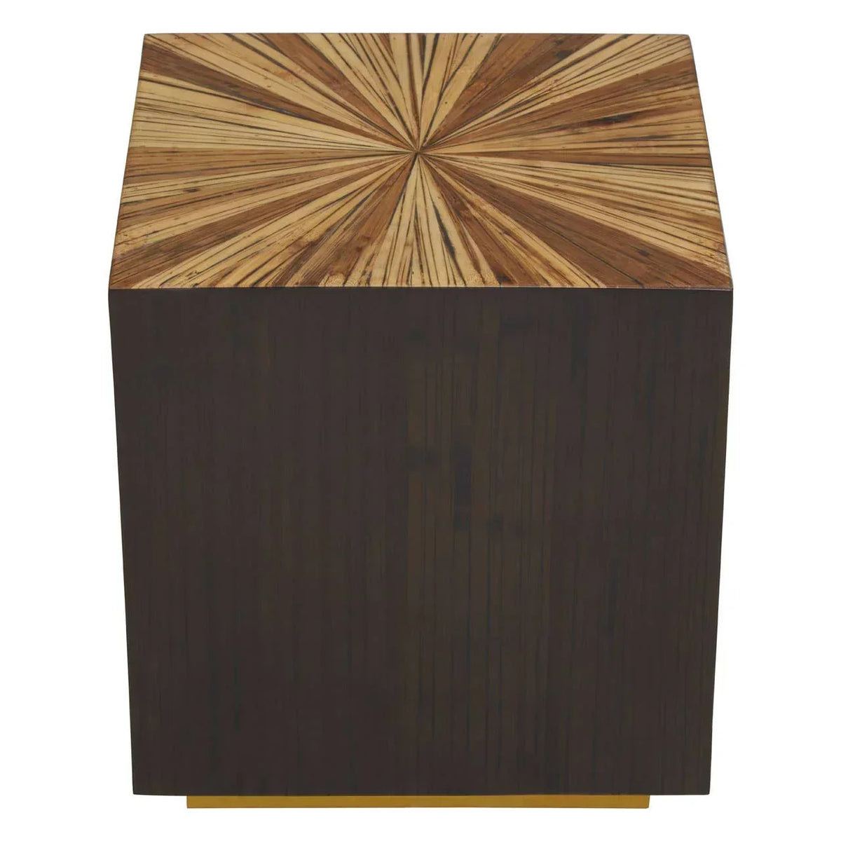 Square wooden side table with sunburst pattern top and dark wood sides