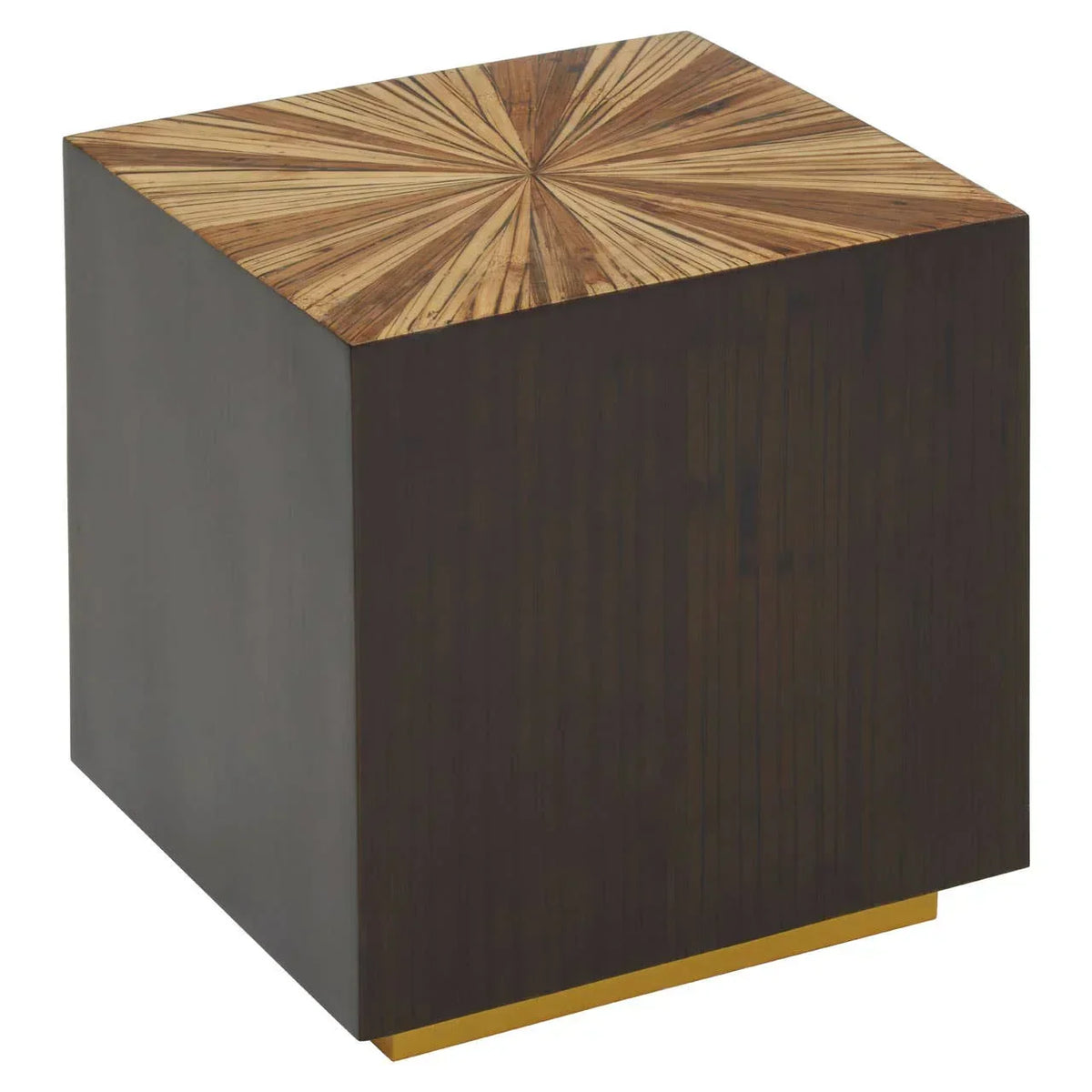 Square wooden side table with sunburst pattern top and gold base detail