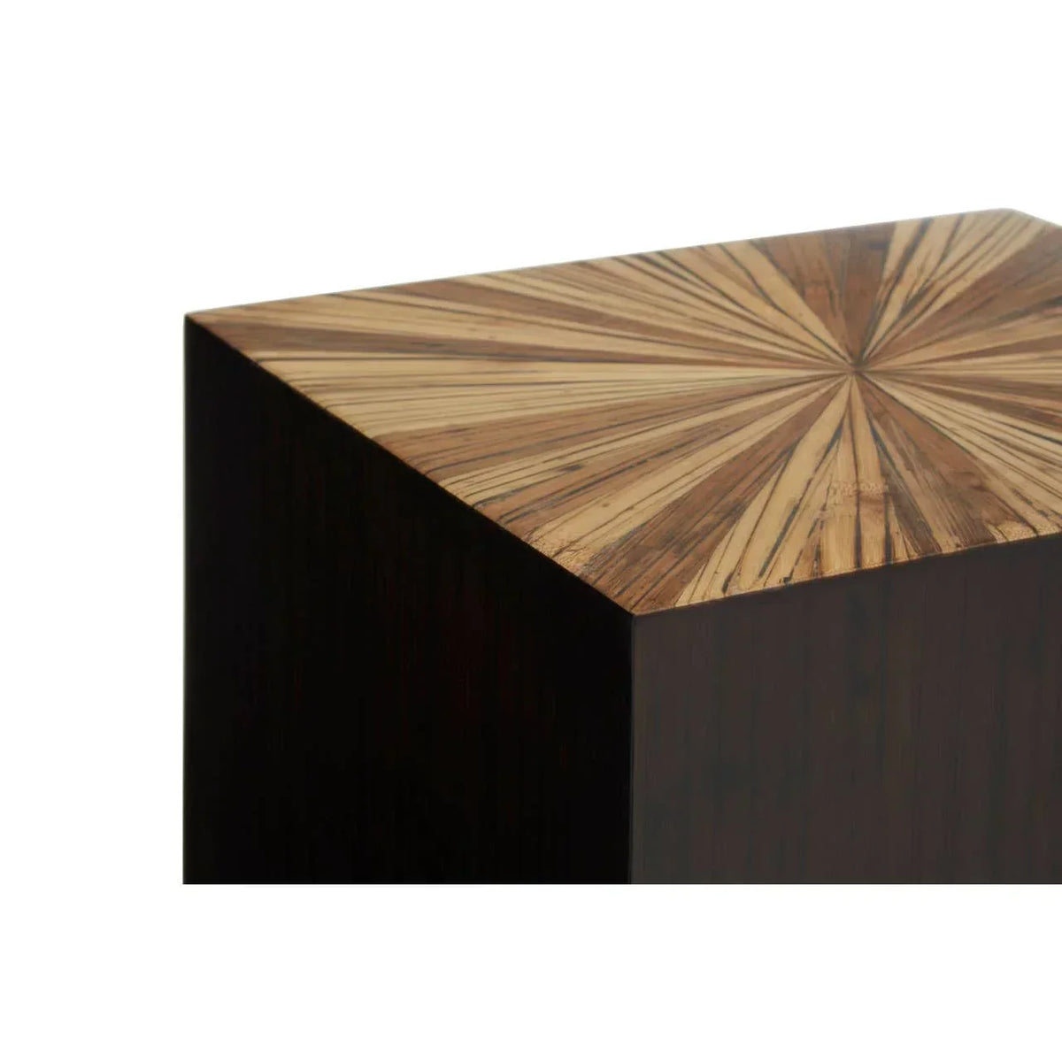 Square wooden side table with starburst veneer pattern on top corner view