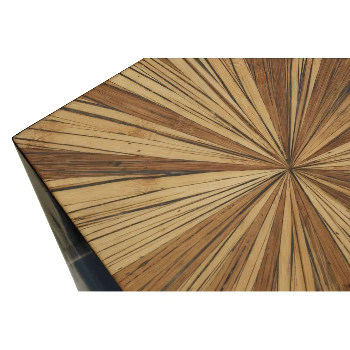 Geometric wooden coffee table top with sunburst inlay pattern in natural and dark tones