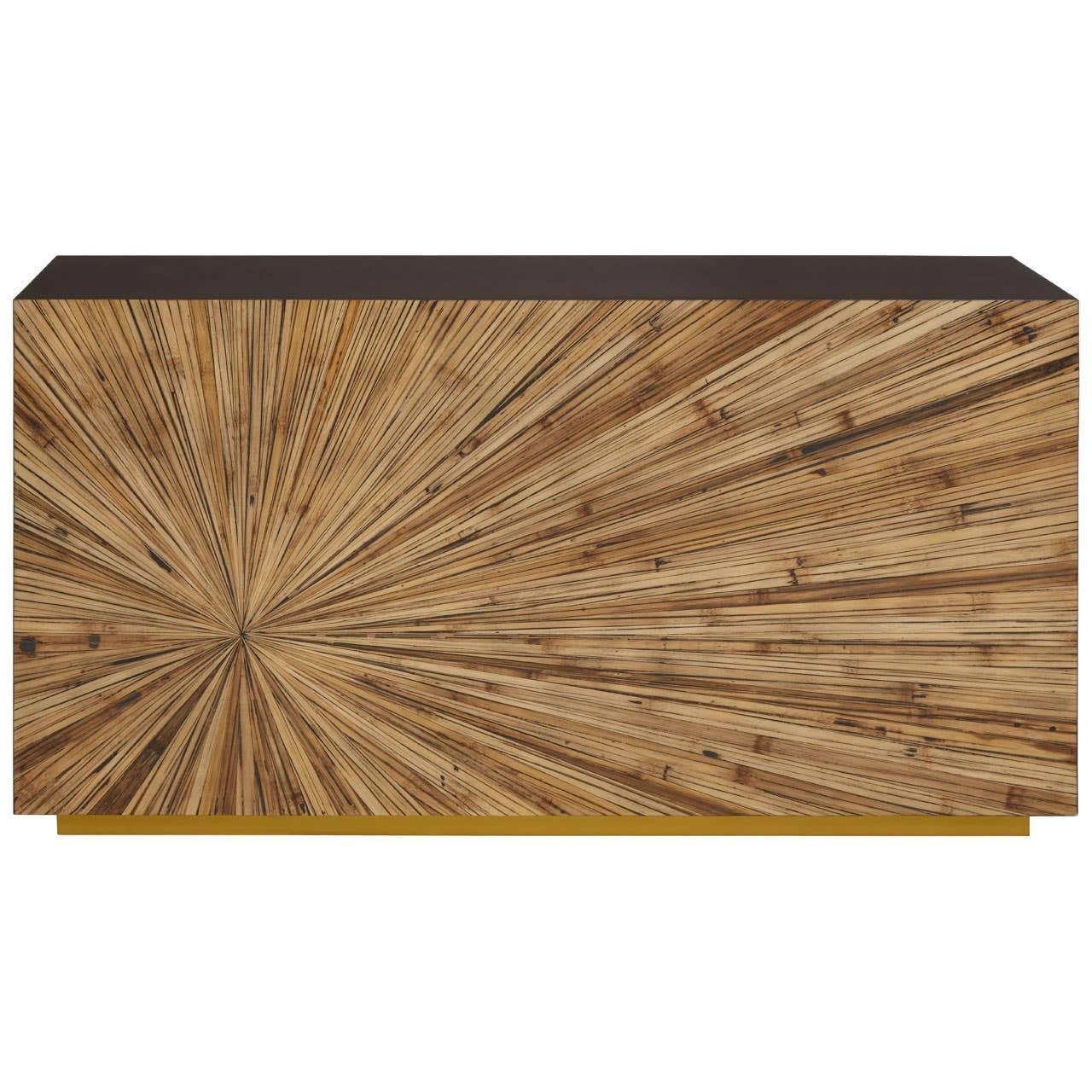 Modern wood sideboard cabinet with starburst veneer front and black top