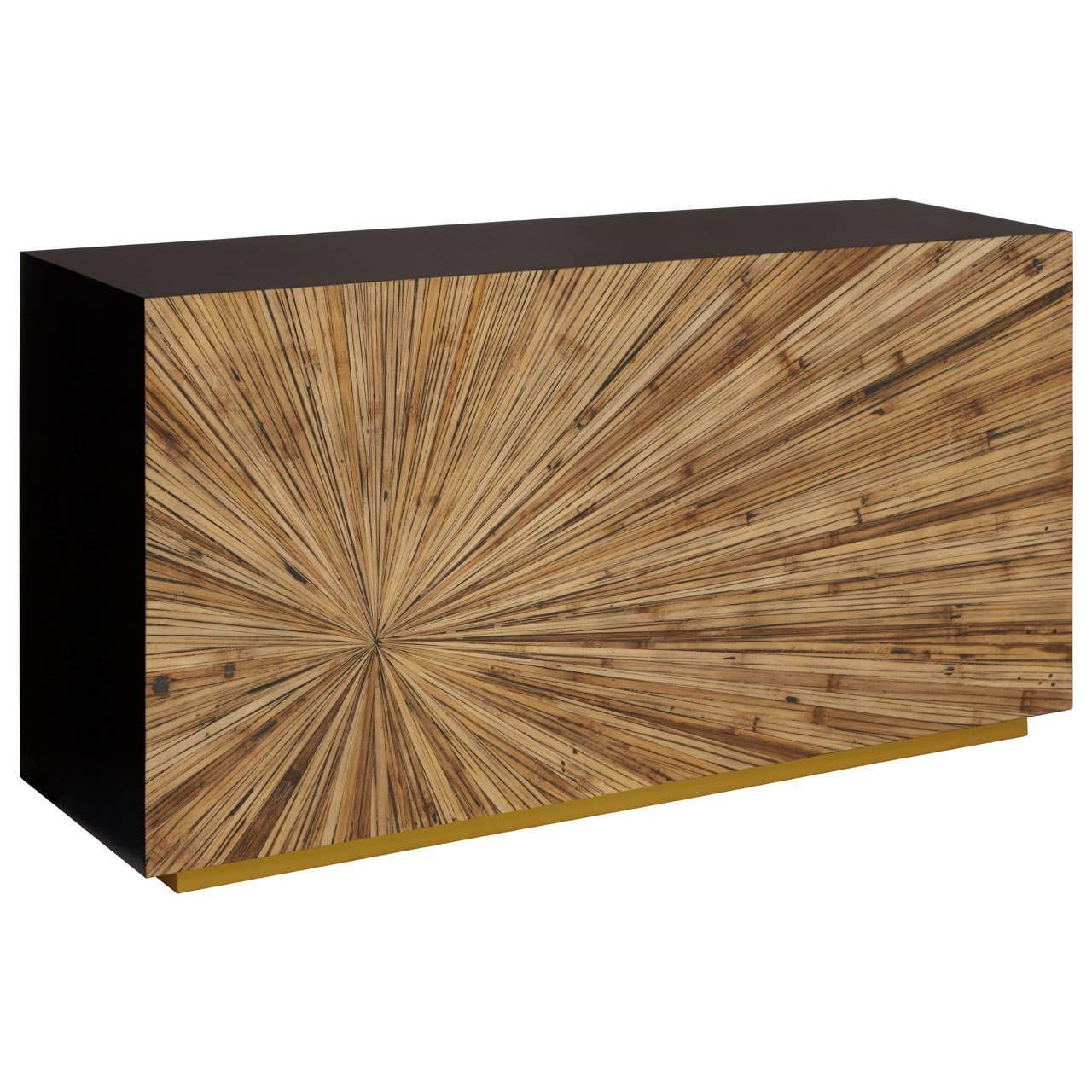 Wooden sideboard with sunburst pattern front and dark sides on gold base