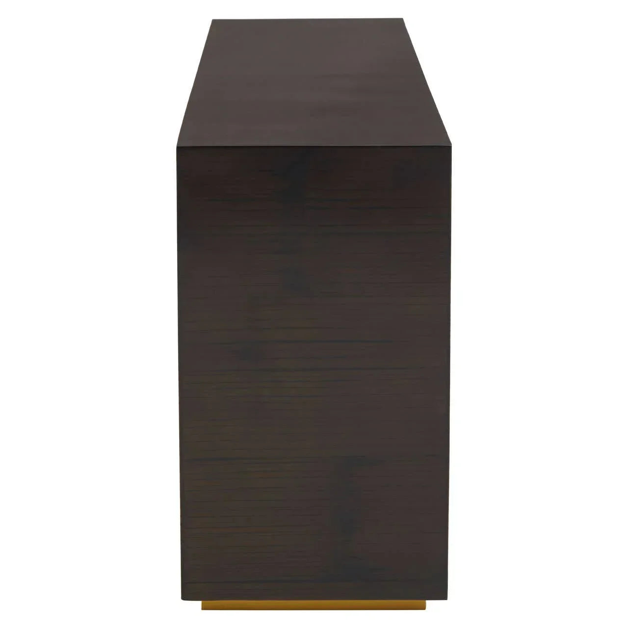Side view of dark wood console table with gold base detail