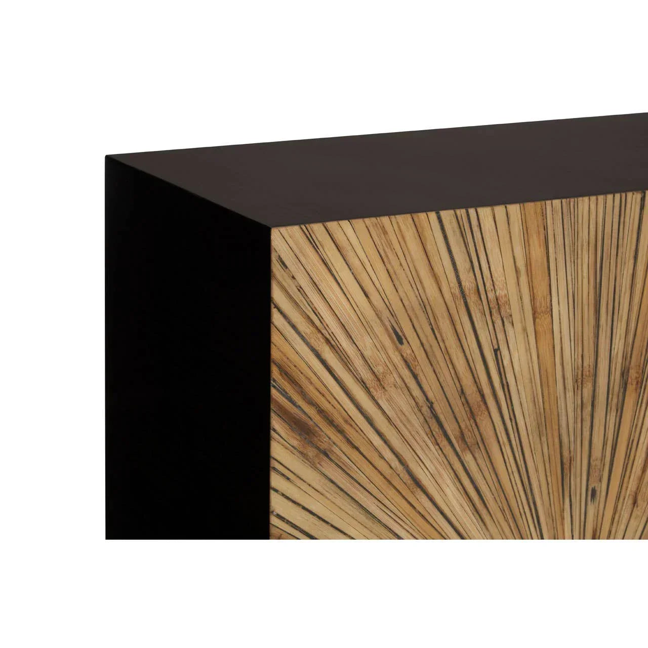 Close-up of wooden cabinet with sunburst veneer pattern and matte black frame