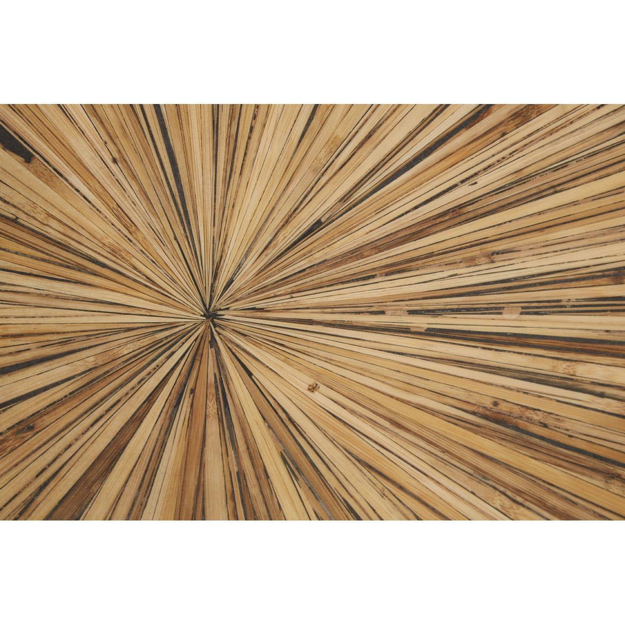 Sunburst wooden table top with natural and dark grain detail, close view