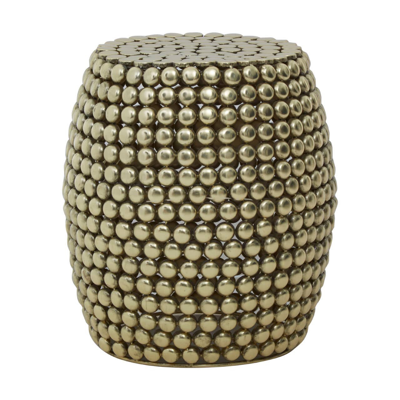 A gold-finished stool and side table with a textured surface featuring a pattern of small, raised dots, creating a modern and stylish look. The piece has a cylindrical shape and a smooth top, suitable for use as both a stool and a side table