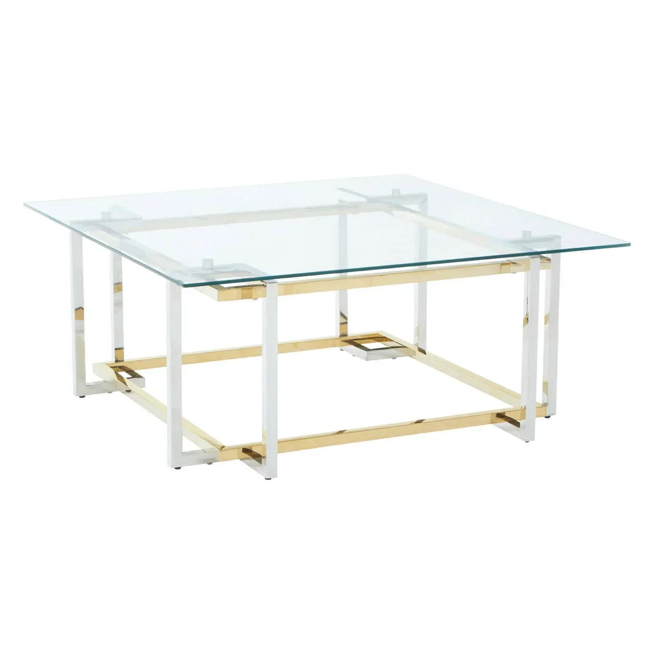 Square glass coffee table with gold and chrome metal base, modern design