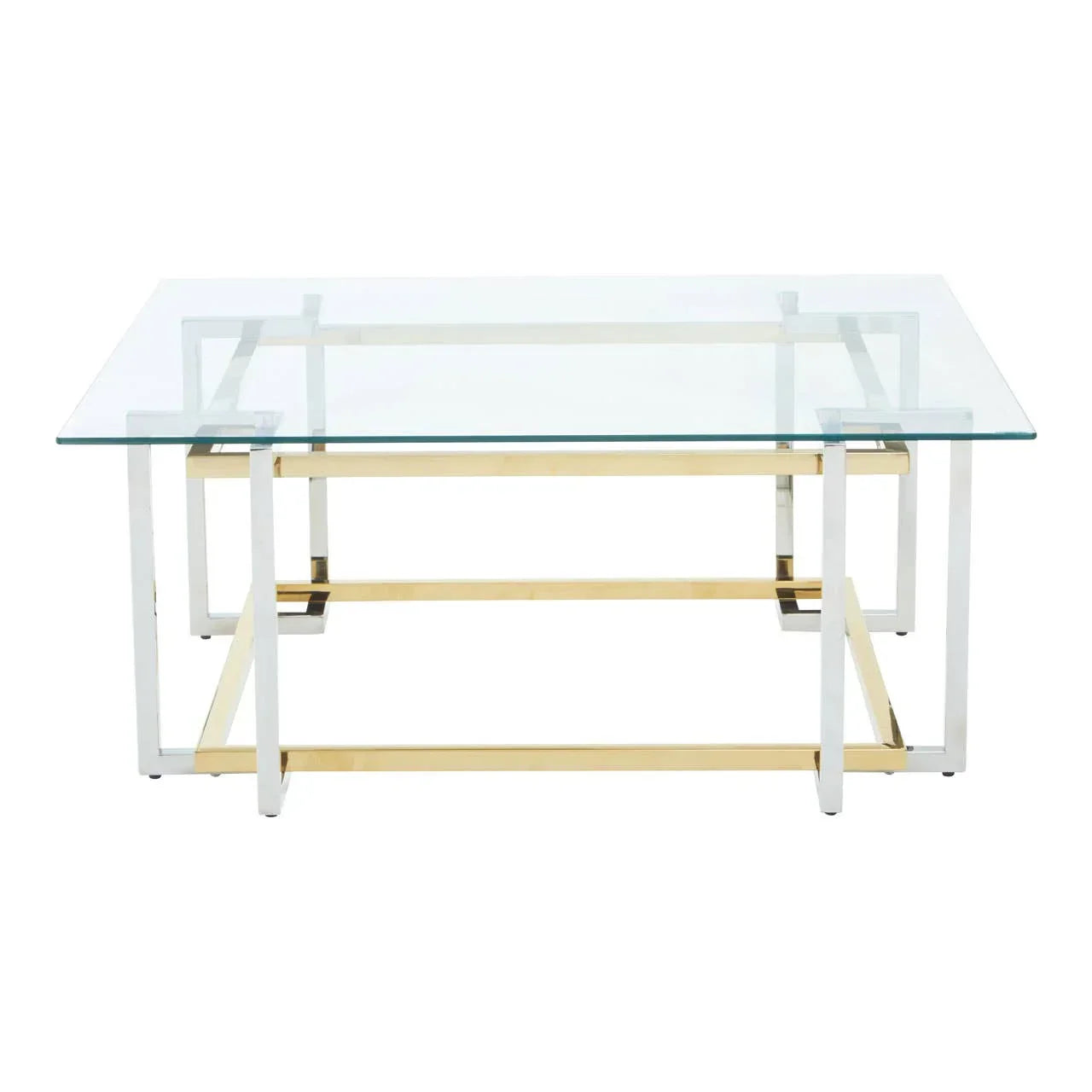 Rectangular glass coffee table with gold and chrome metal frame, modern geometric base