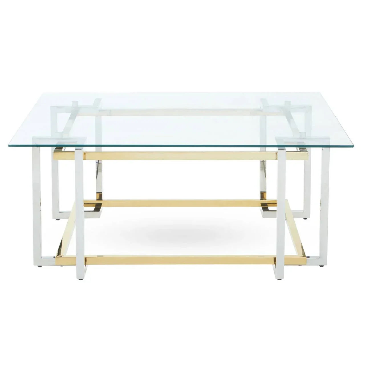 Glass coffee table with gold and chrome metal frame, modern rectangular design