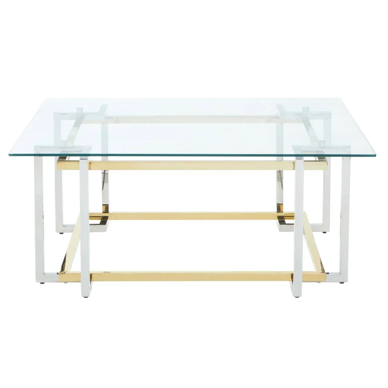 Rectangular glass coffee table with gold and chrome metal frame, front view