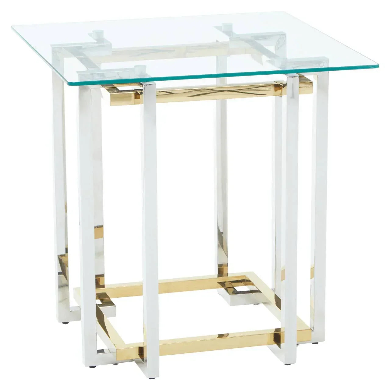 Glass side table with gold and chrome metal frame, square shape, modern design