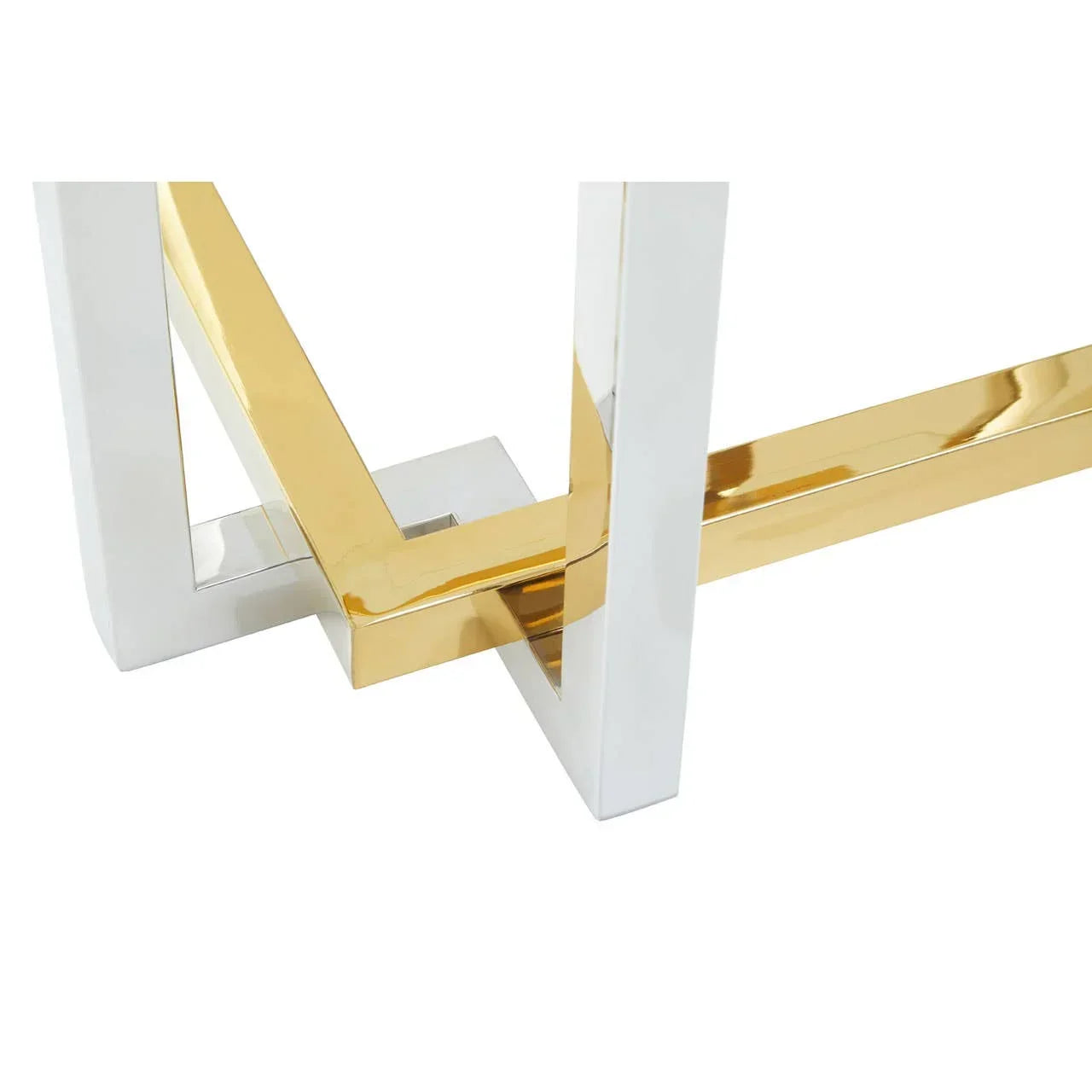 Gold and chrome table leg base with intersecting geometric metal design