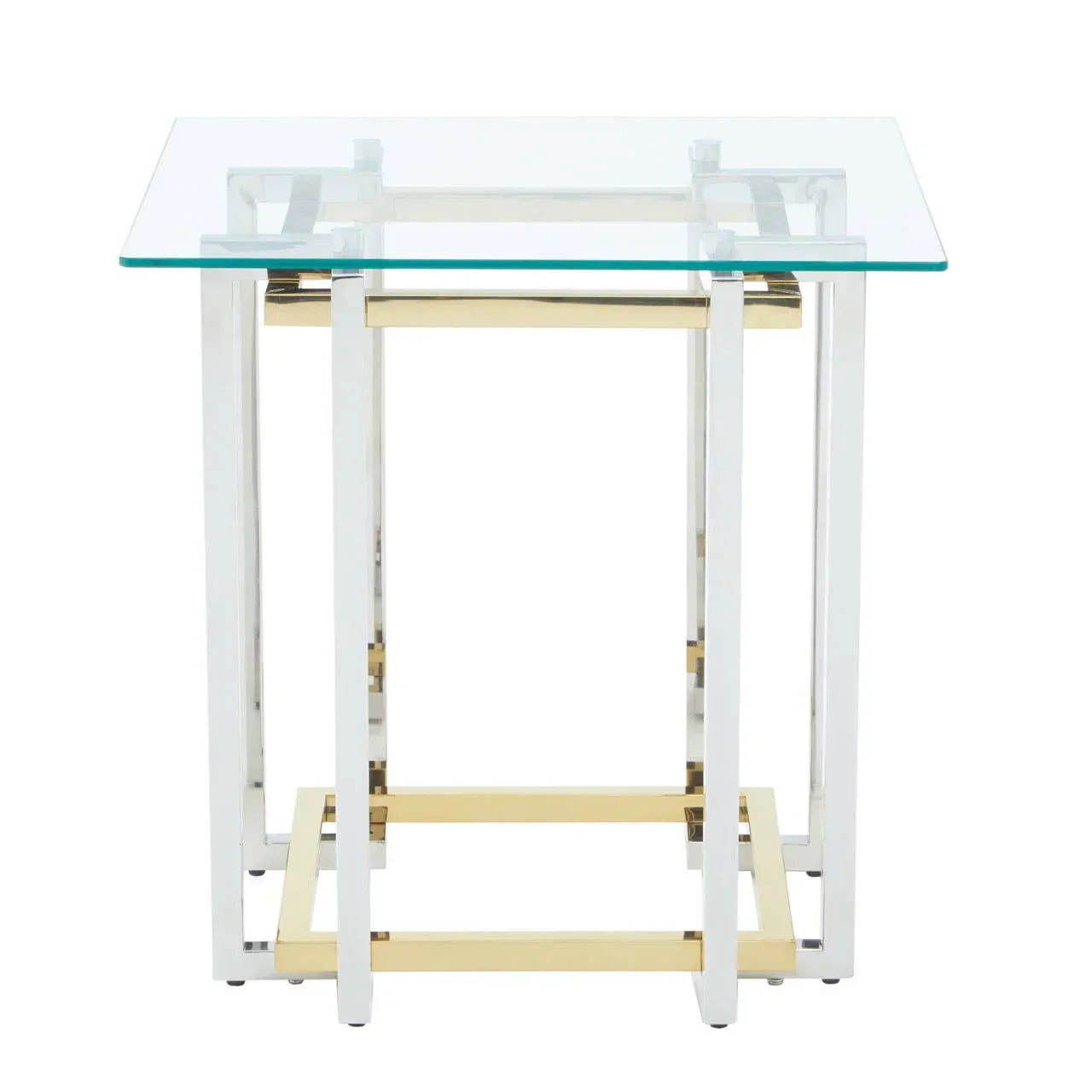 Glass top side table with chrome and gold metal frame, front view