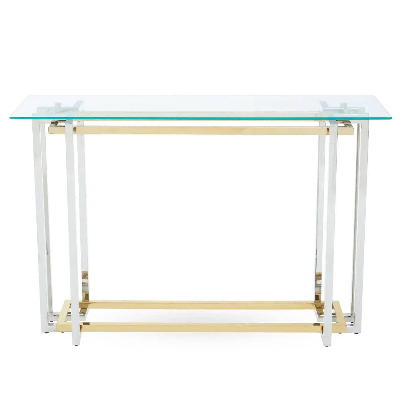 Glass console table with gold and chrome metal frame, modern rectangular design