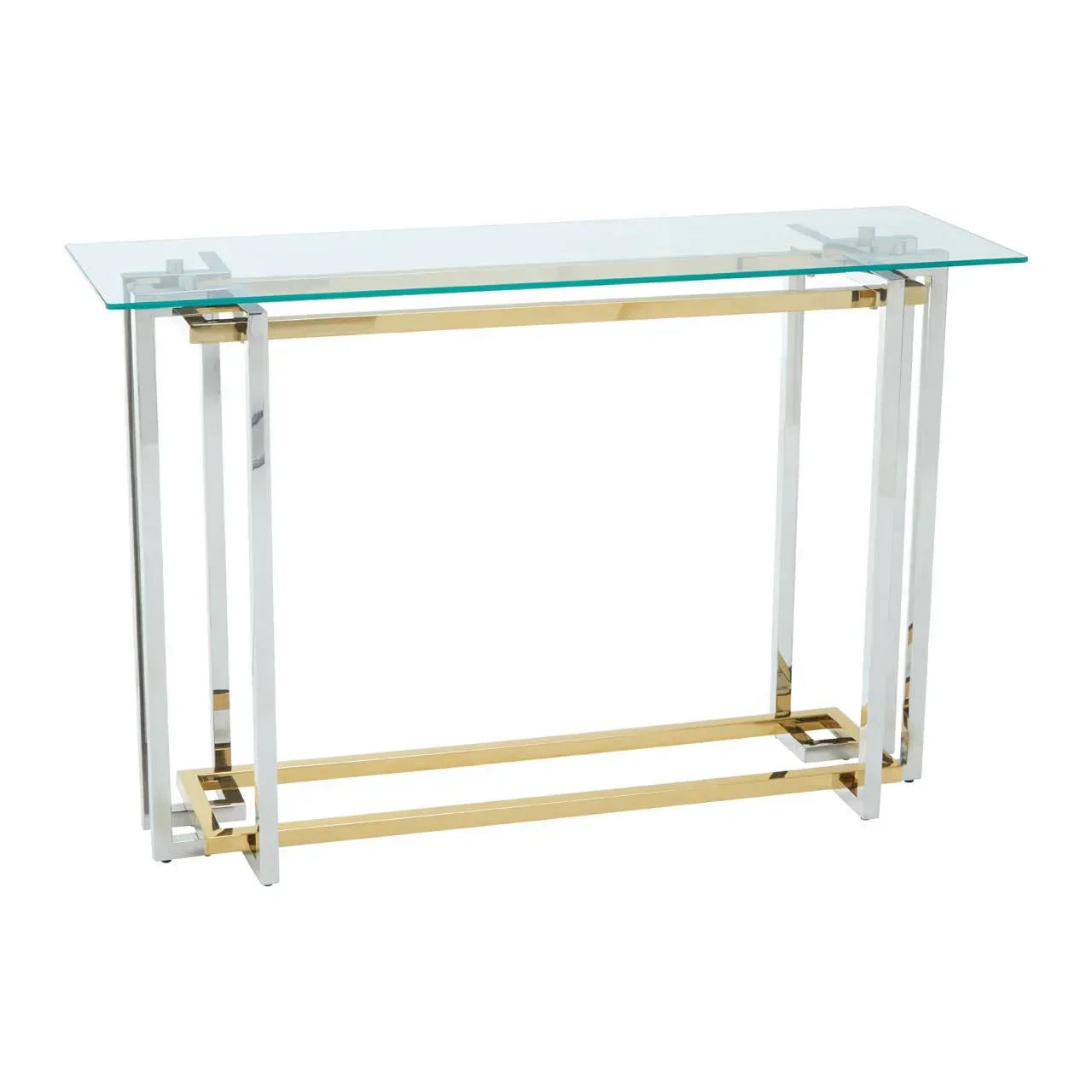 Glass console table with gold and chrome metal frame, modern rectangular design