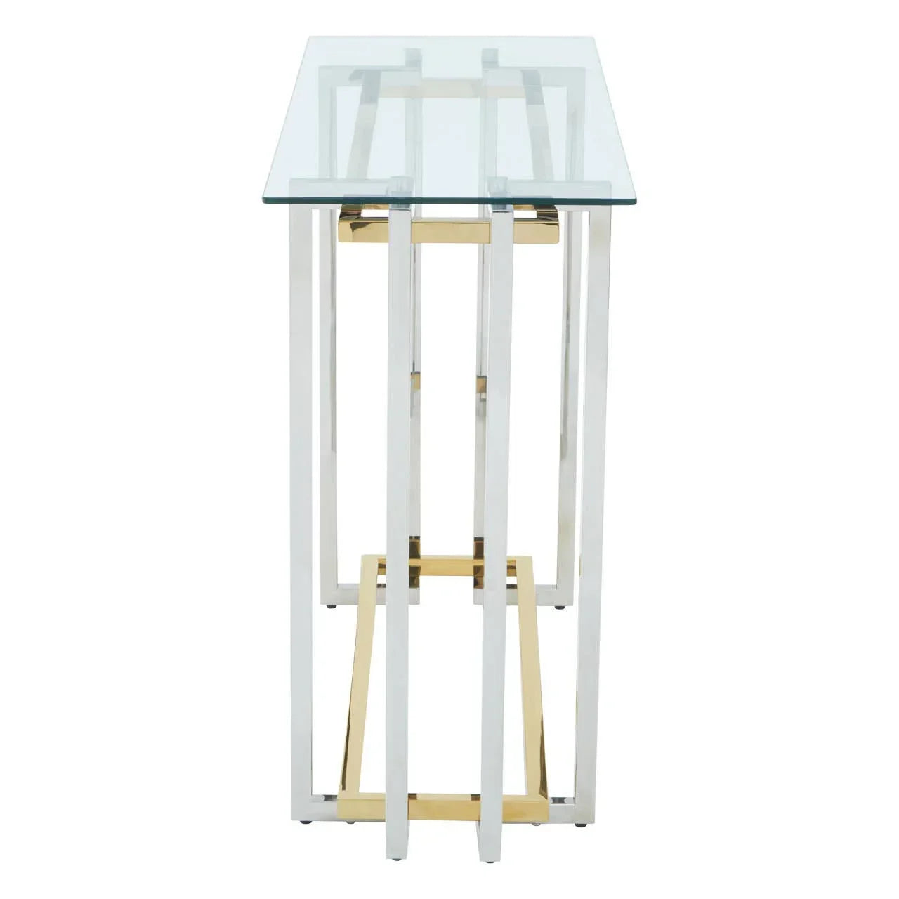 Narrow glass console table with chrome and gold metal legs, modern entryway furniture