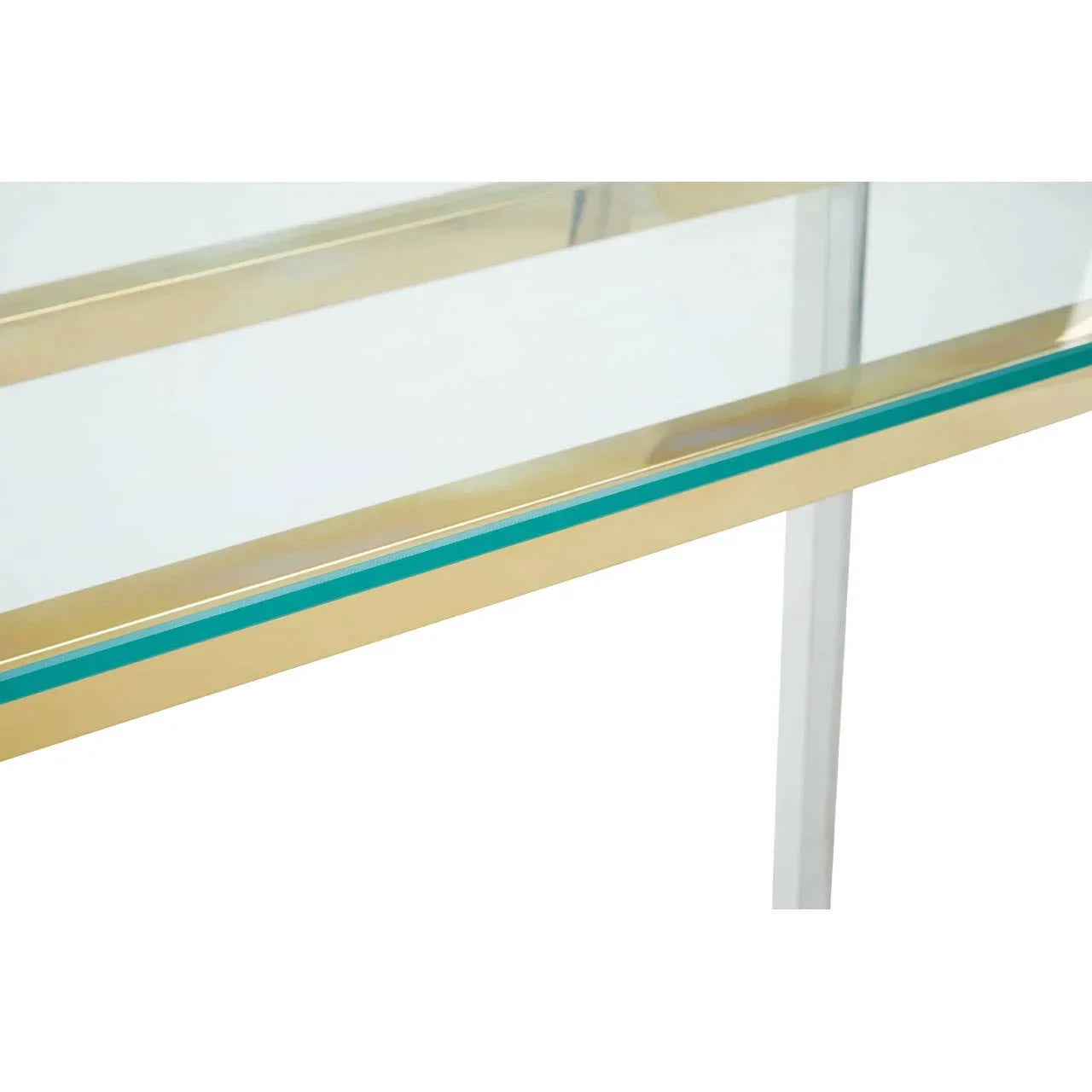 Glass console table with gold metal frame and teal accent detail, close-up view