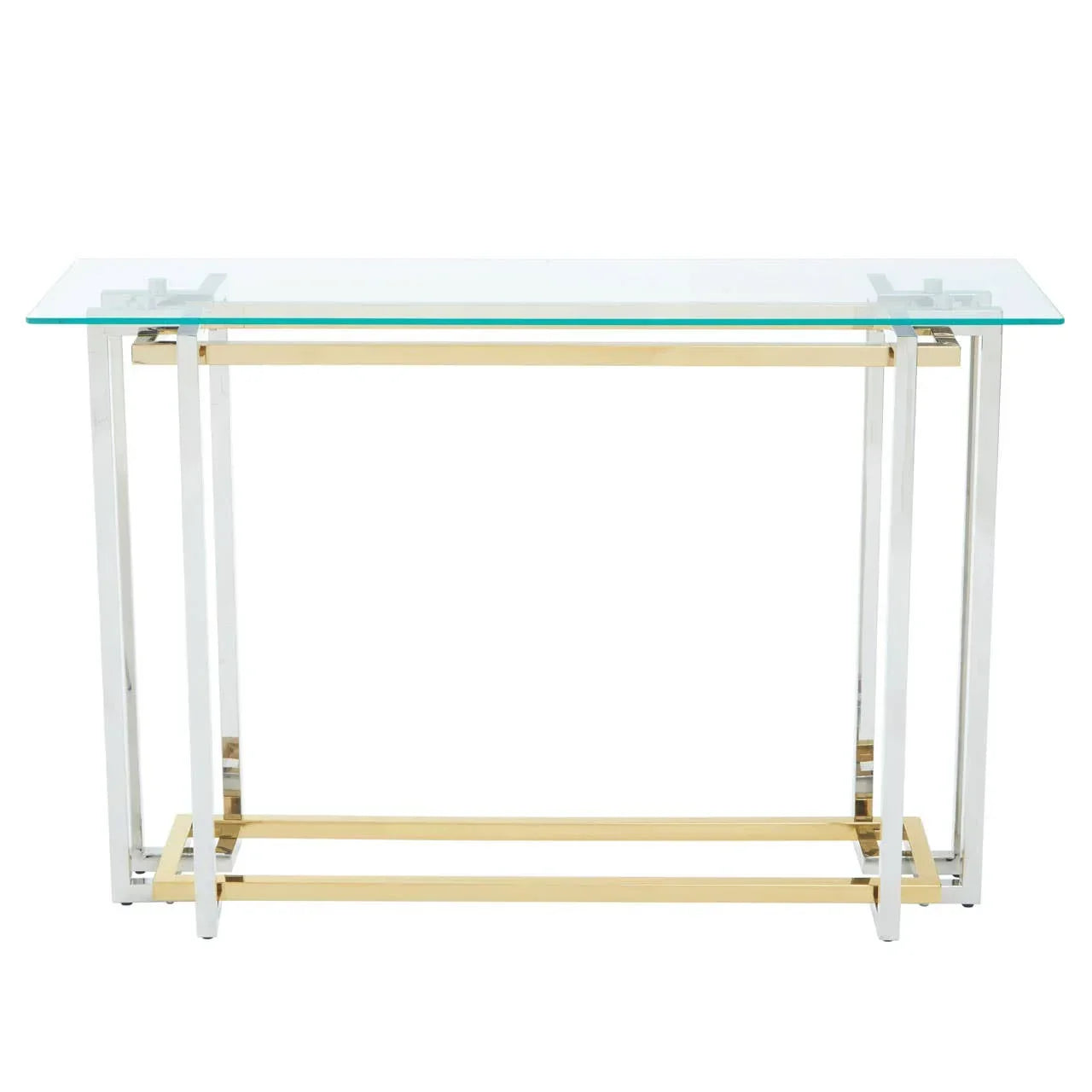 Glass console table with gold and chrome metal frame, modern rectangular design