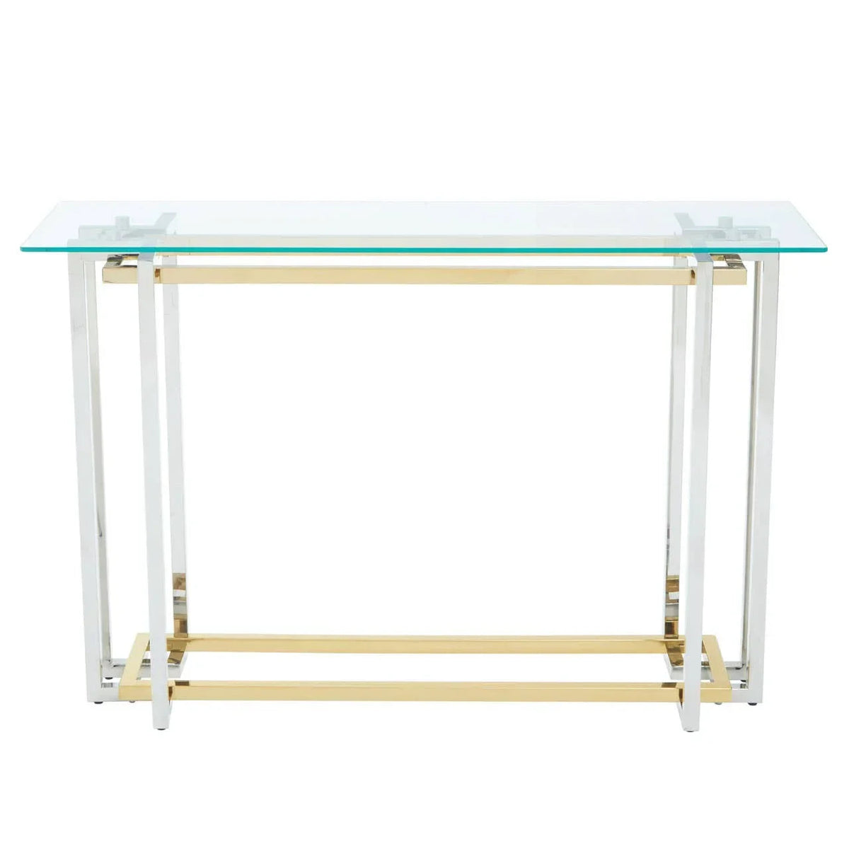 Glass-top console table with chrome and gold frame, front view