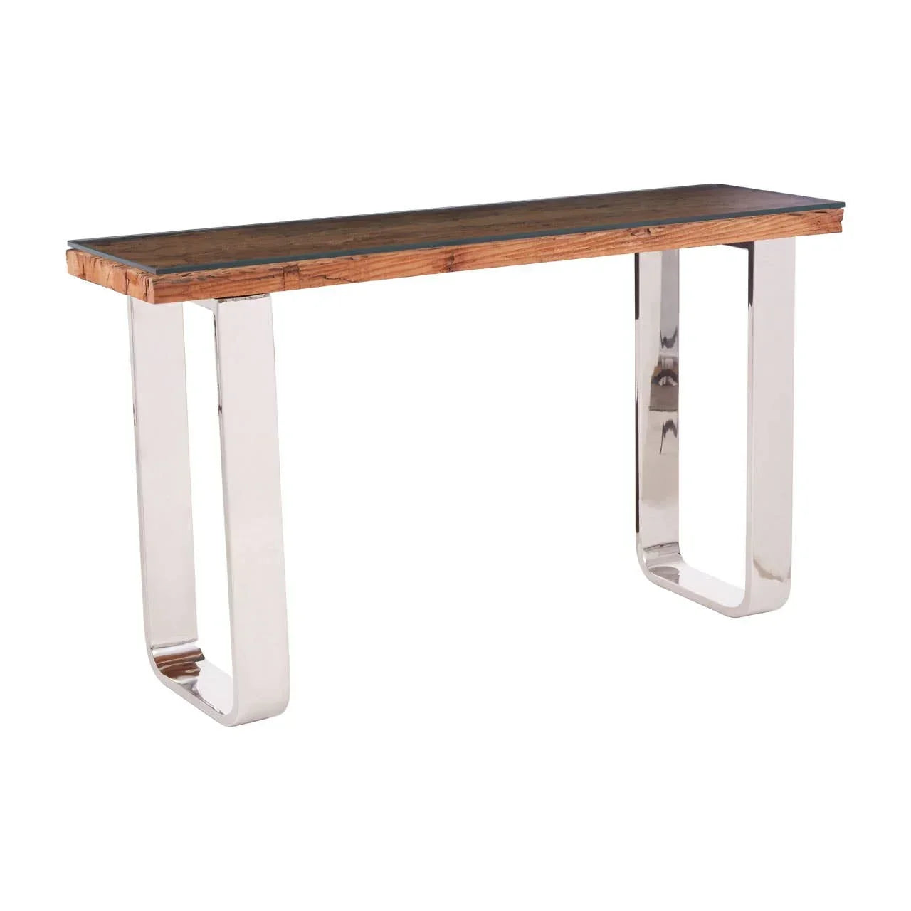 Industrial console table with wood top and chrome metal legs, side angle view