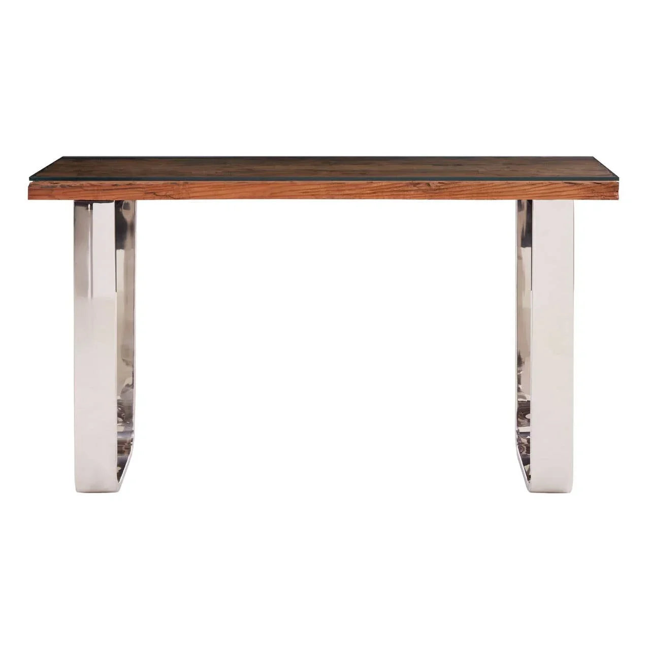 Modern console table with wooden top and chrome metal legs, front view
