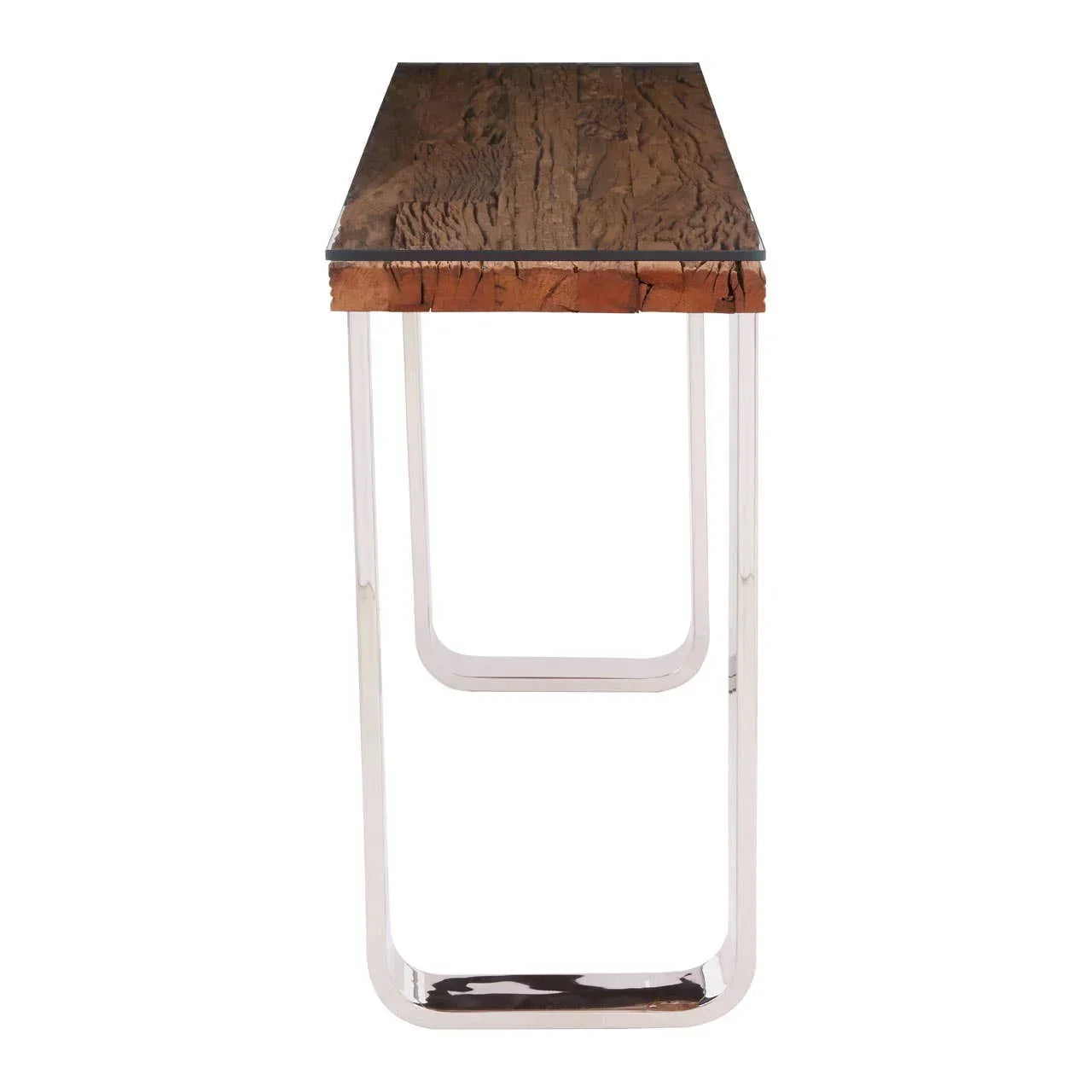 Narrow console table with rustic wooden top and chrome metal legs, front view