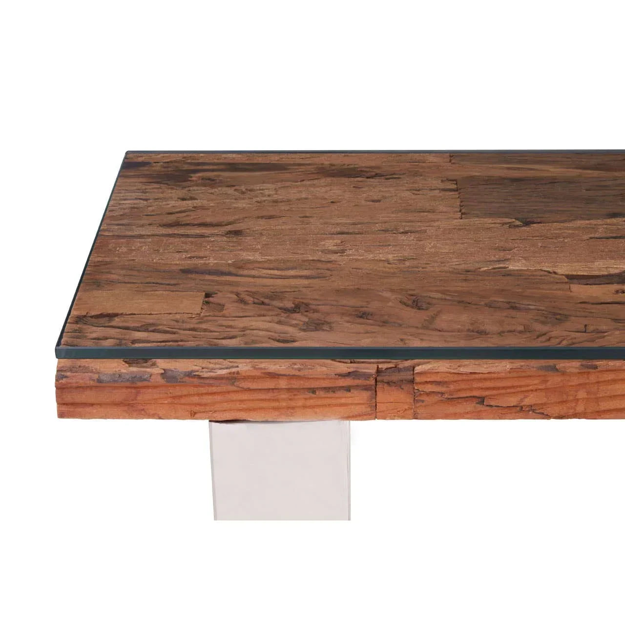 Rectangular wooden coffee table with glass top and chrome metal leg, close-up corner view