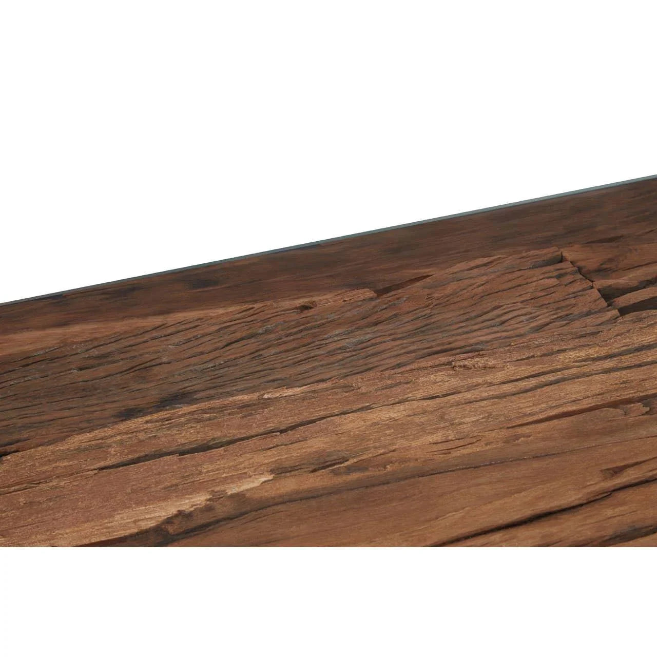 Close-up of wooden dining table top with rustic grain and textured finish