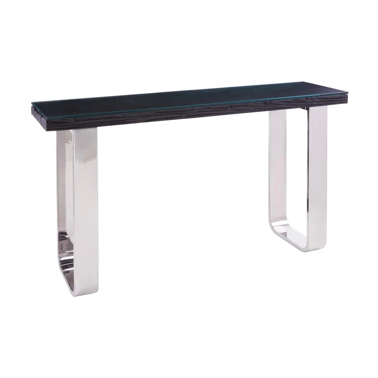 Black console table with rectangular top and chrome metal legs