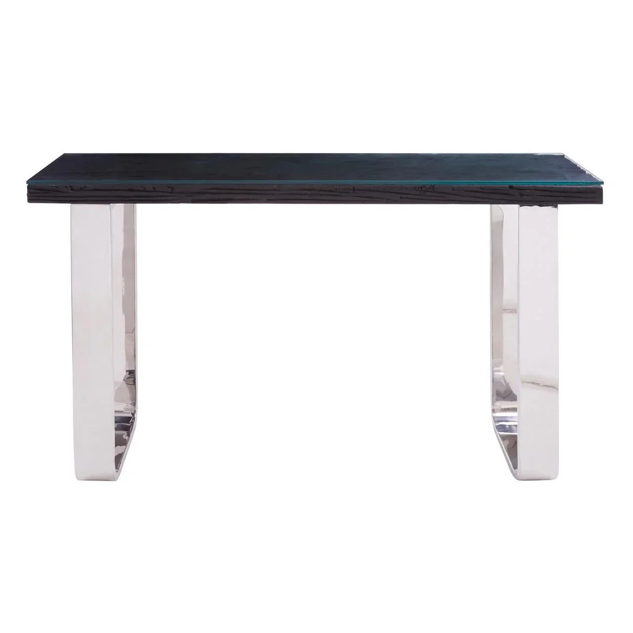 Rectangular dining table with black wood top and chrome metal legs, front view