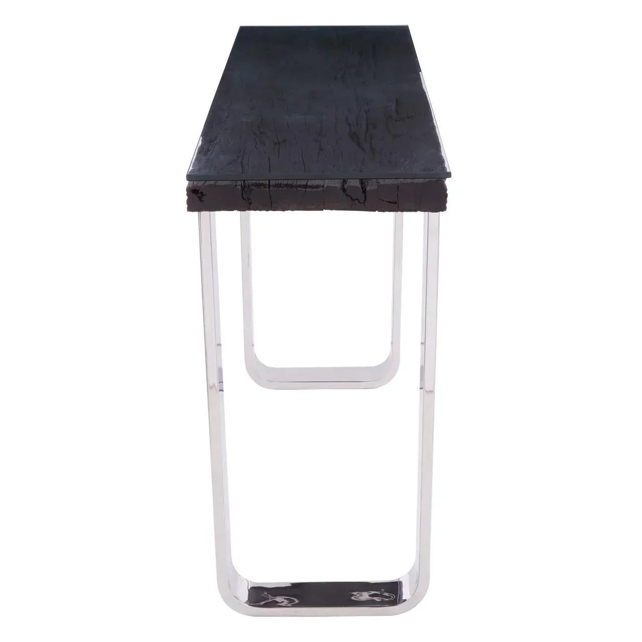 Narrow console table with black wood top and chrome legs, front angle view