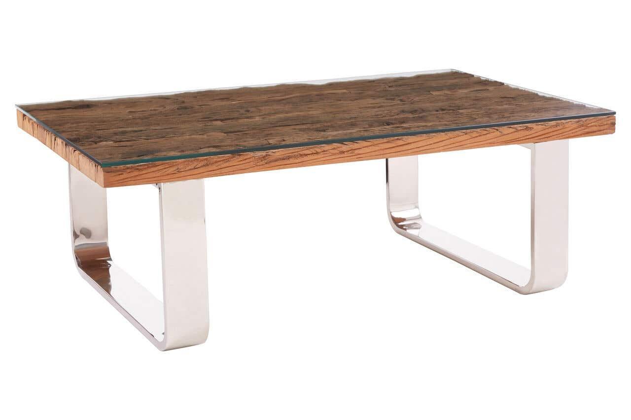 Rectangular coffee table with wooden tabletop and chrome metal legs