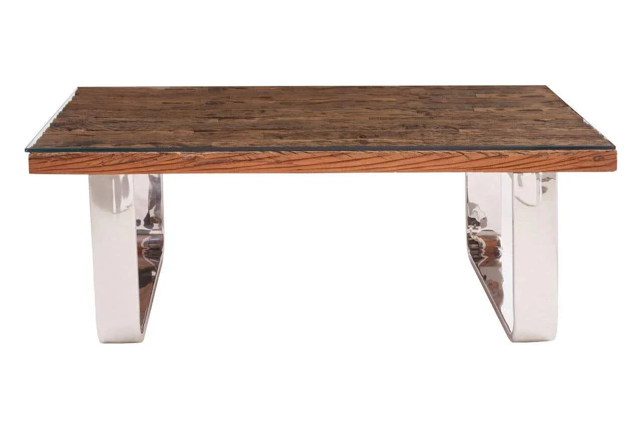 Rectangular coffee table with rustic wood top and chrome metal legs, front view