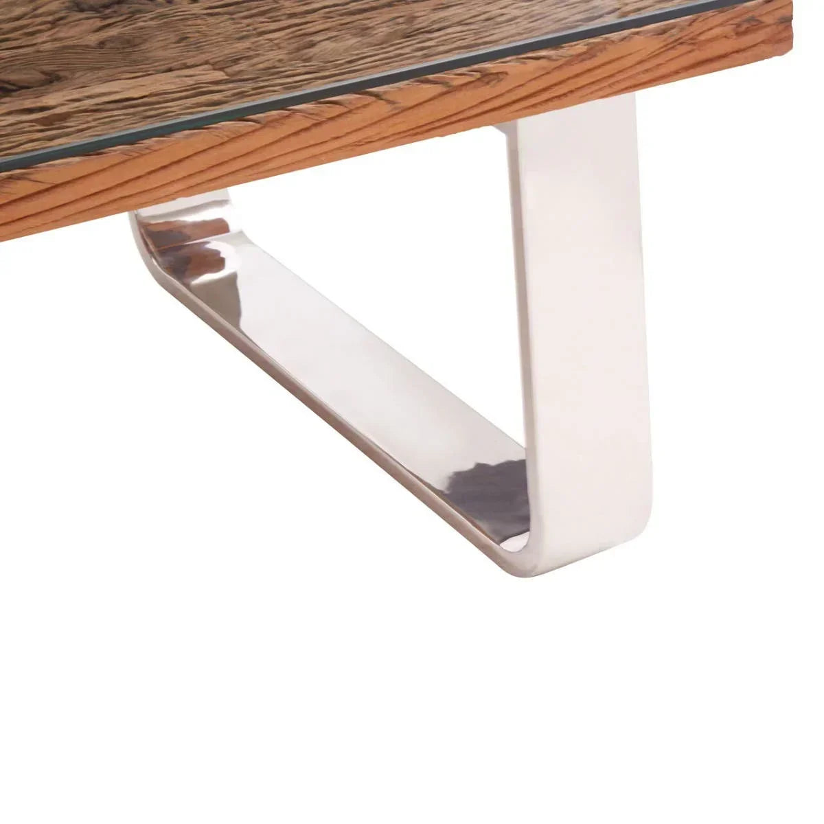 Closeup of modern coffee table with wood top and metal leg detail