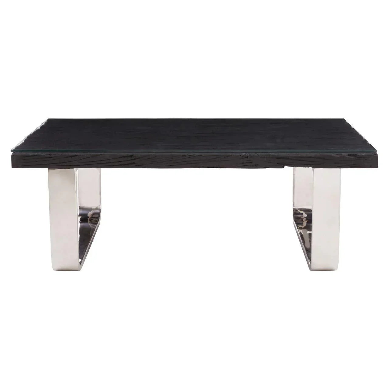 Black wood coffee table with chrome legs, front angle view