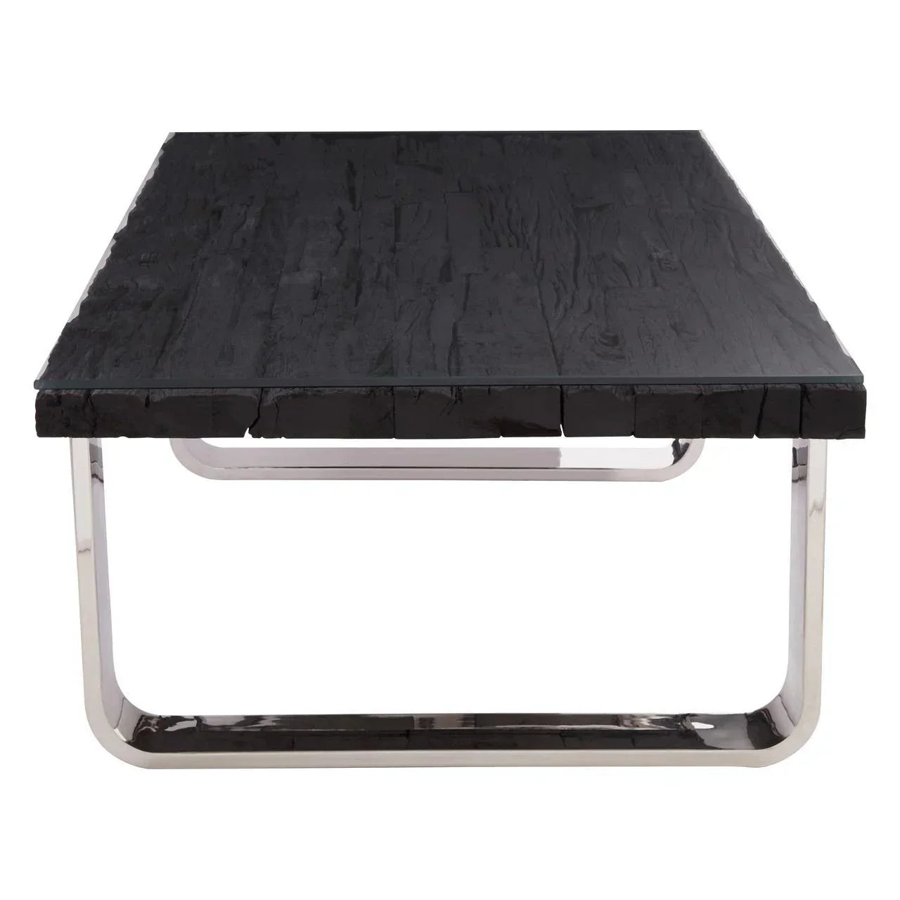Modern black wood coffee table with textured surface and chrome metal frame, front view