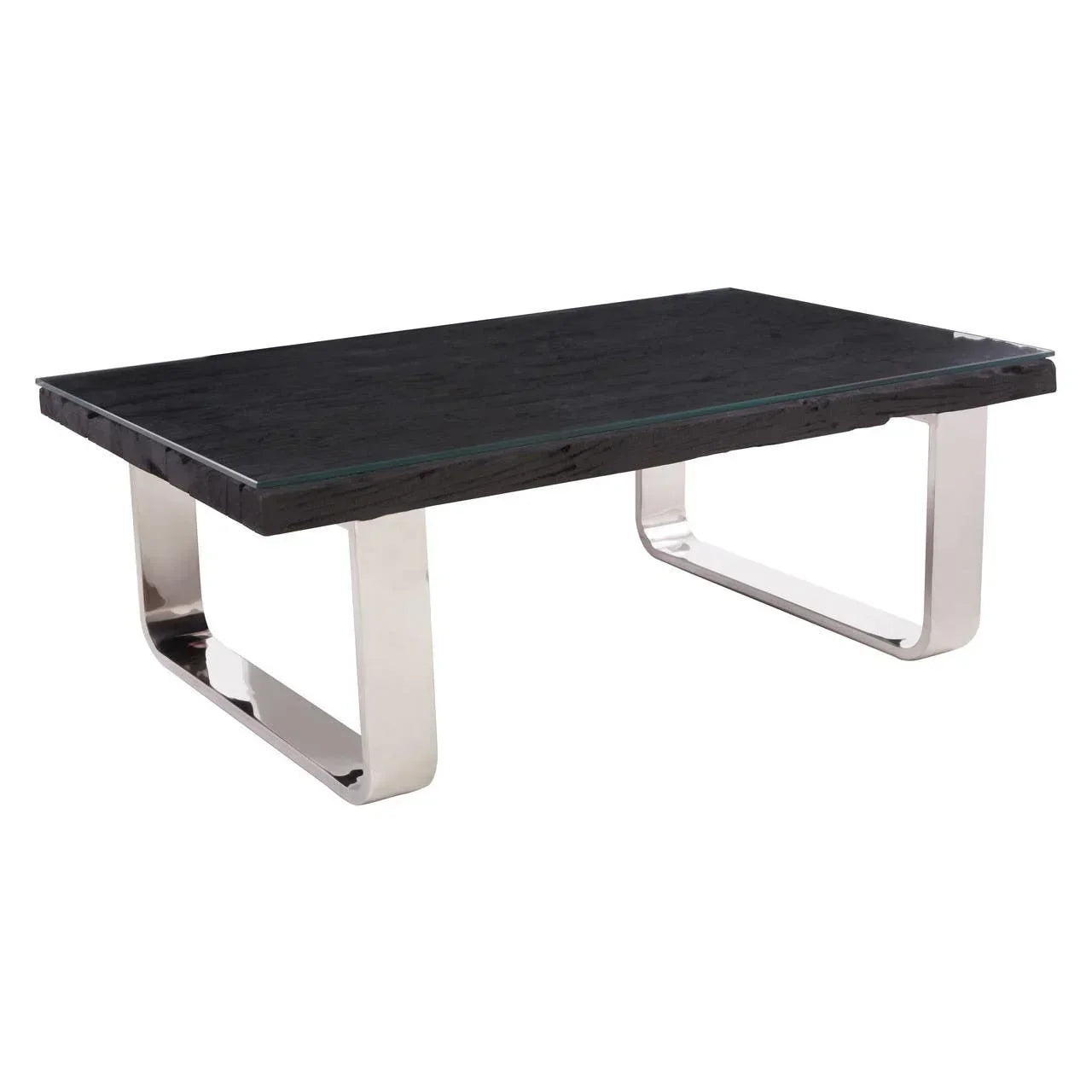 Rectangular coffee table with black wood top and chrome metal legs on white background
