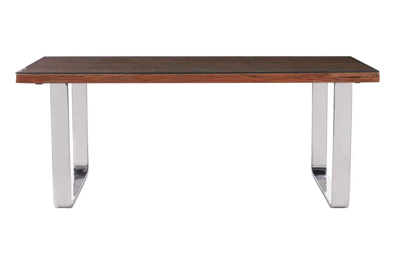 Modern dining table with rectangular wood top and chrome metal legs, front view