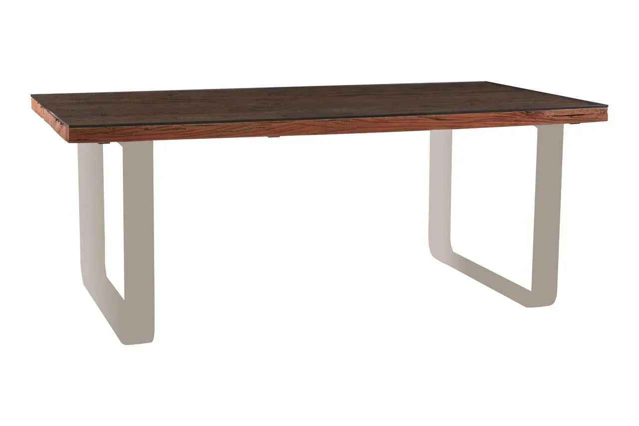Rectangular wooden dining table with metal legs and dark finish, side angle view