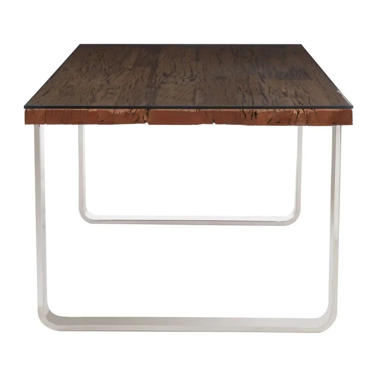 Rectangular dining table with dark wood top and metal legs, front view
