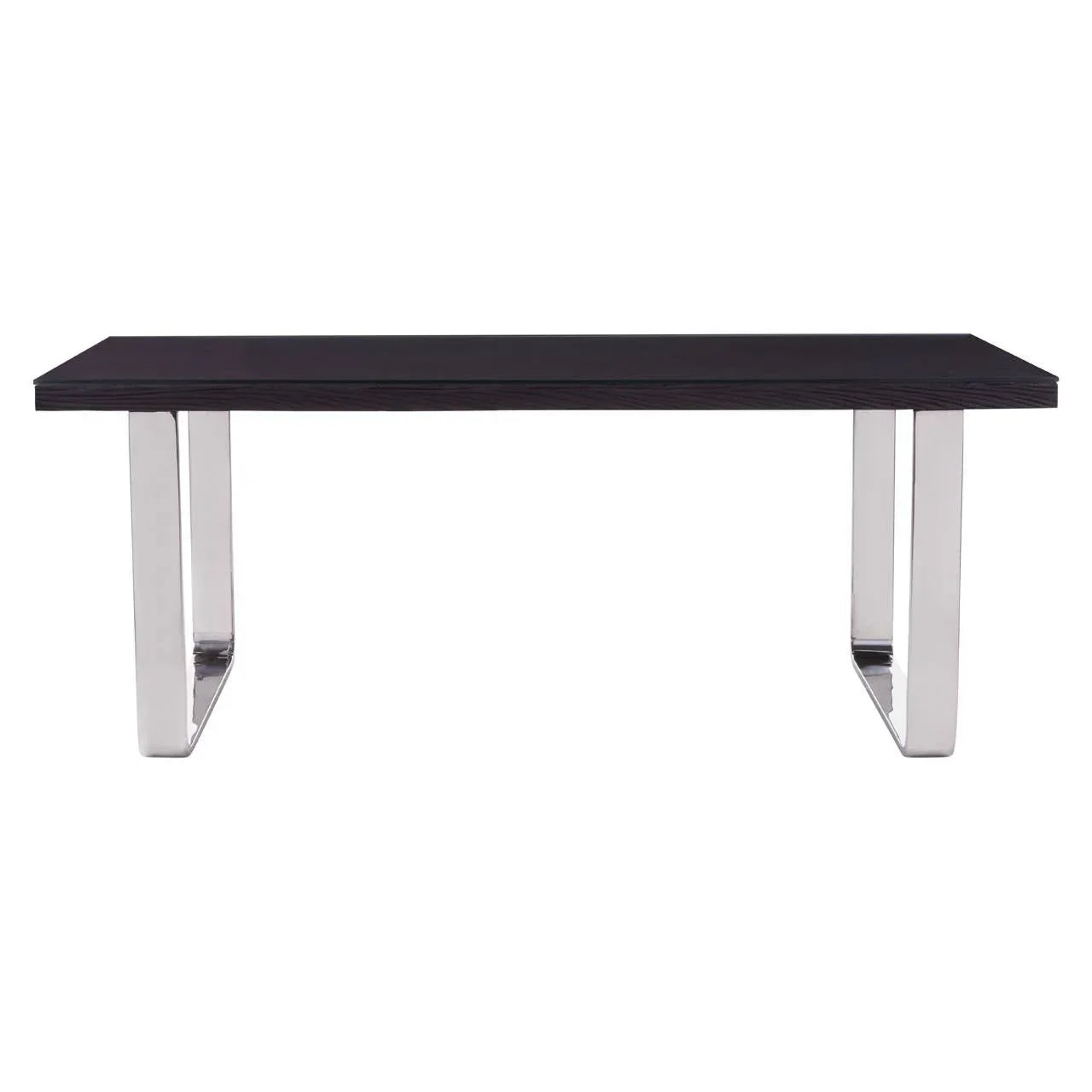 Rectangular dining table with dark wood top and polished chrome legs, front view