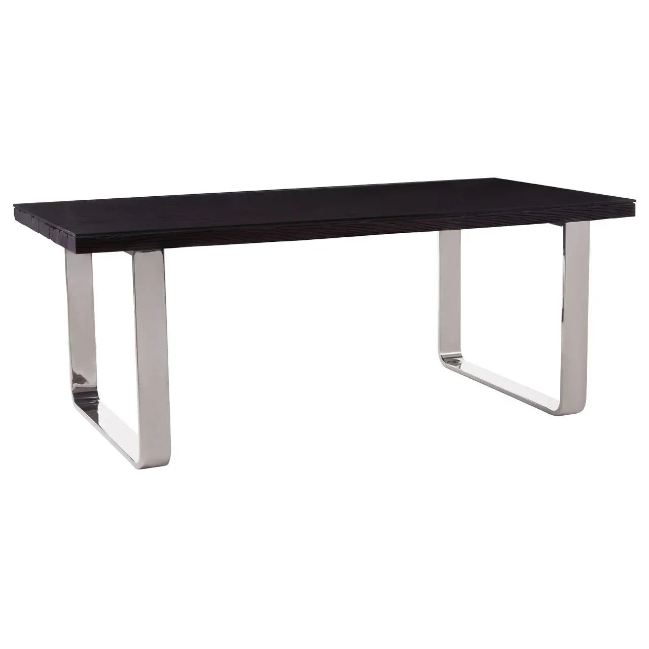 Rectangular dining table with dark wood top and chrome metal legs