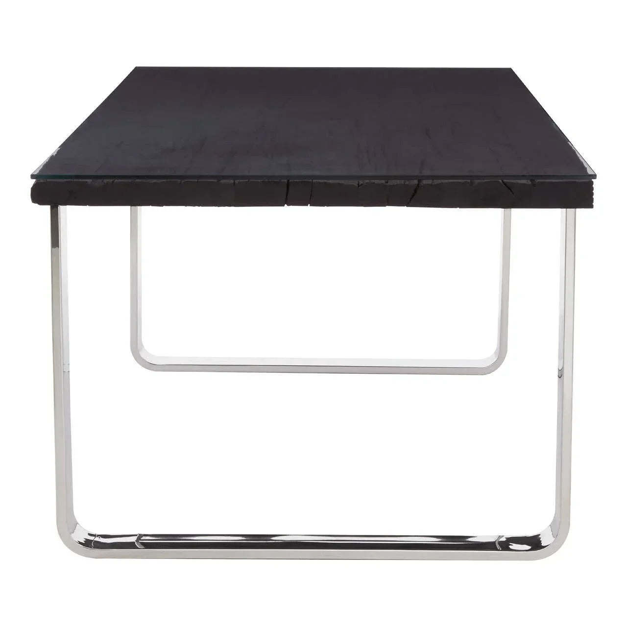 Rectangular black wood dining table with chrome metal legs, front view