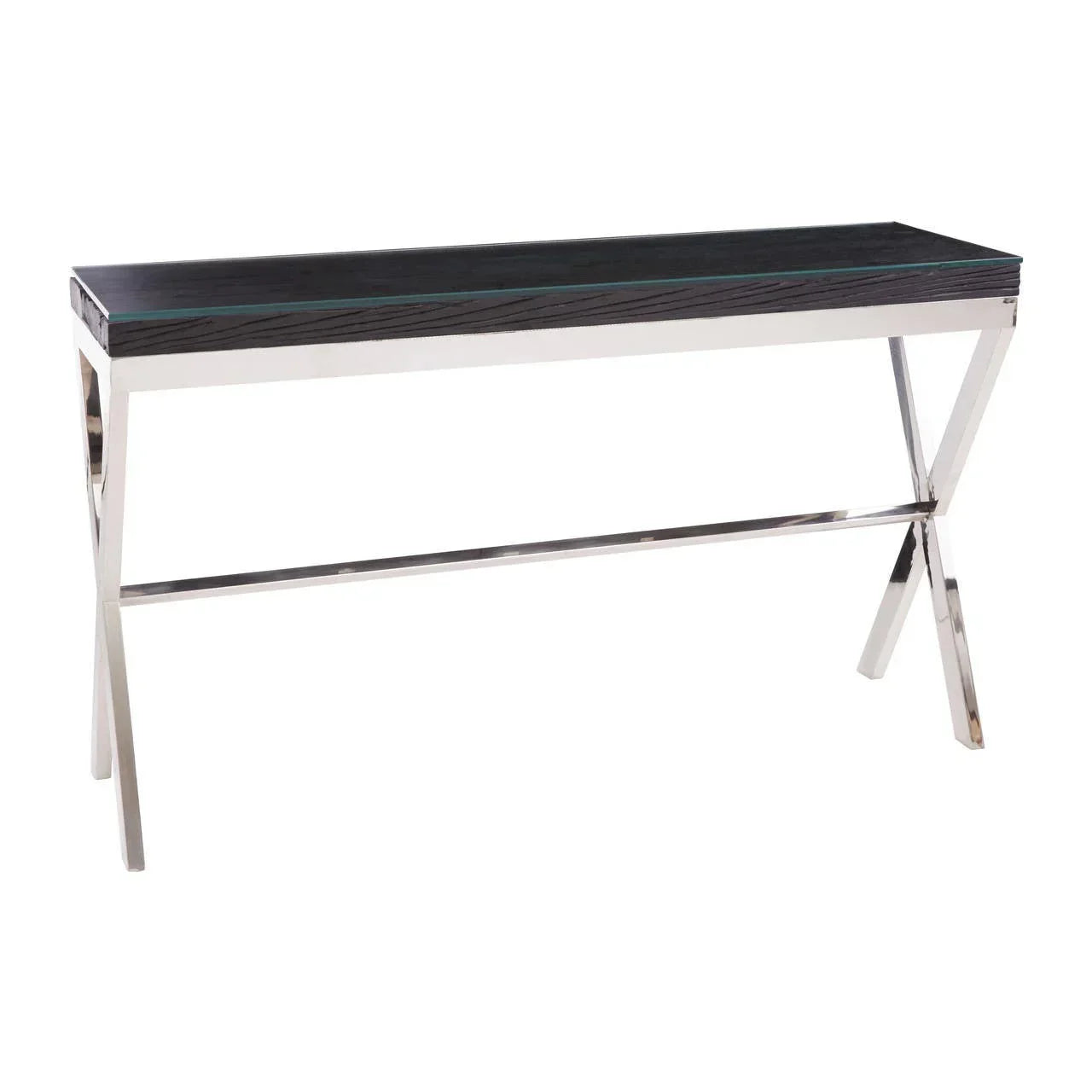 Black and chrome console table with slim metal legs and rectangular top