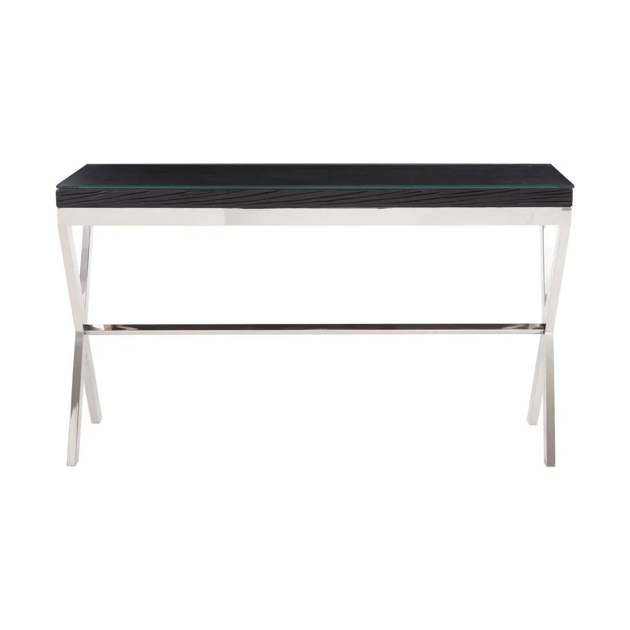 Black console table with chrome metal frame and rectangular top, front view