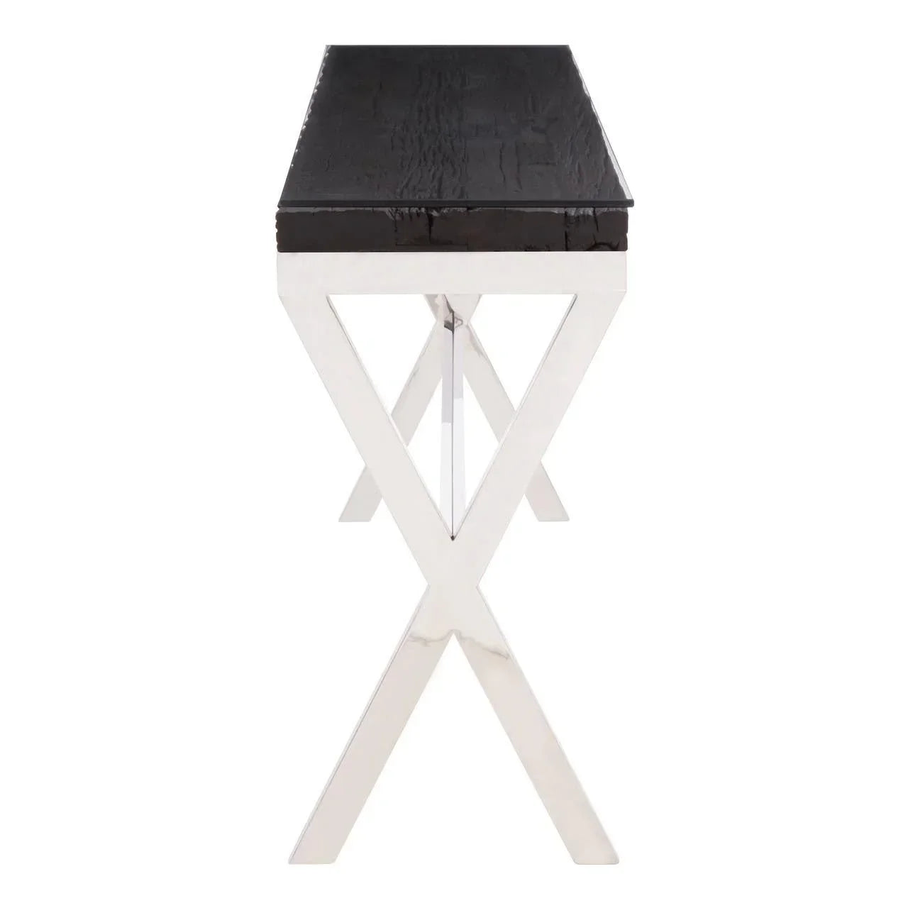 Side view of console table with black wood top and chrome crossed legs
